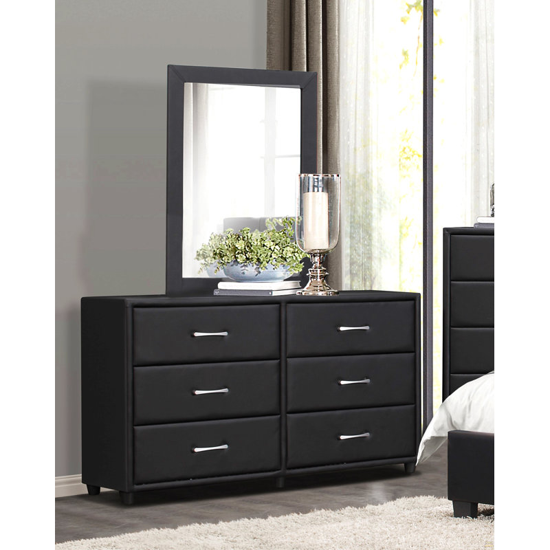 Commode noire 1Pc 6X tiroirs en similicuir revêtu de contreplaqué