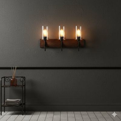 A Three-Light Bathroom Vanity Fixture In A Matte Black And Wood Finish. This Wall-Mounted Fixture With Glass Shades Is Designed For Placement Above Mirrors And Is Suitable For Kitchens, Dining Rooms, Bedrooms, Or Hallways.