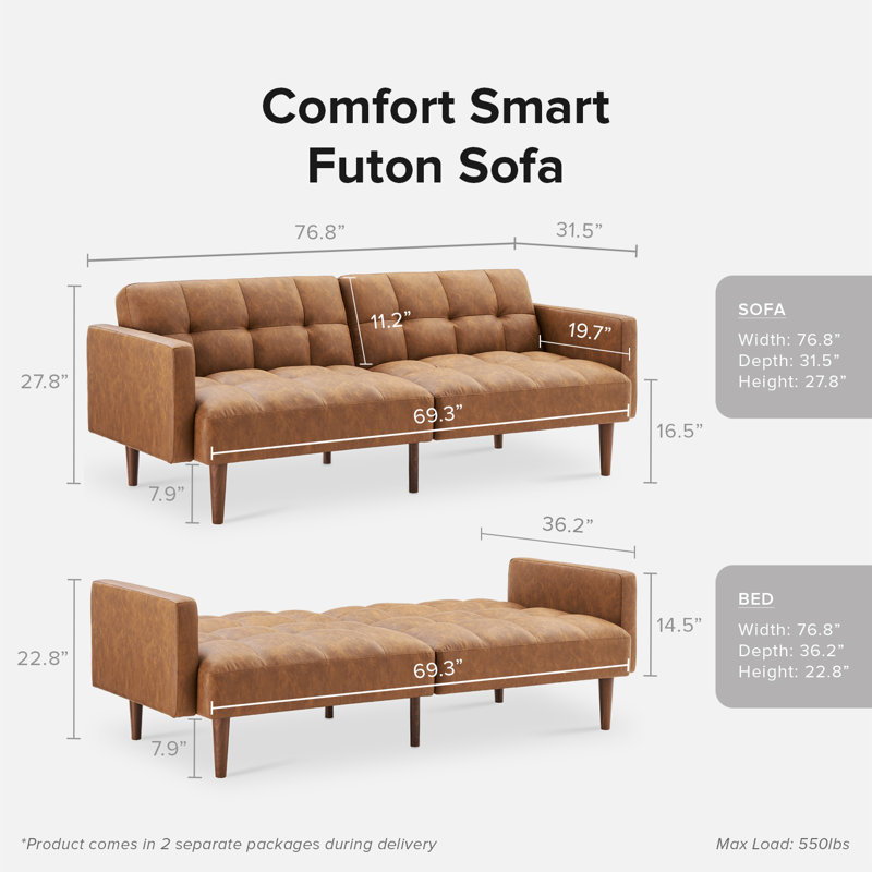 Reiana Twin 77.56'' Wide Faux Leather Convertible Sofa, Pecan Brown Poyester Blend
