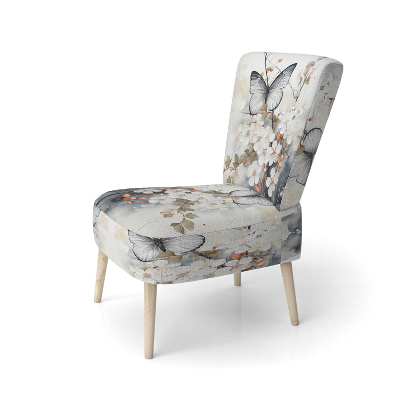Papillon blanc et gris Asian Art - Chaise d'appoint rembourrée traditionnelle, fauteuil d'appoint Asian Art