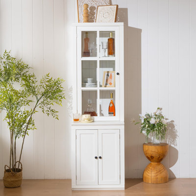 Grand garde-manger autoportant de 75,25 po avec porte vitrée et fenêtre en treillis, armoires de présentation de ferme avec rangement, huche avec porte à double action LH&RH, pour les couloirs, le salon, la cuisine et le bureau, blanc