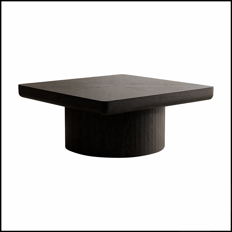 Table basse carrée 34,6 po pour le salon, plateau en placage de bois moderne avec motif de parquet et base cylindrique, plateau de table épaissi, assemblage facile