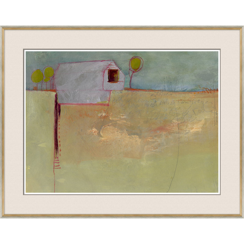 «Farm on Ferry Hill» par Jill Krasner, Papier avec cadre brun, H 30 po x l 38 po x P 2 po