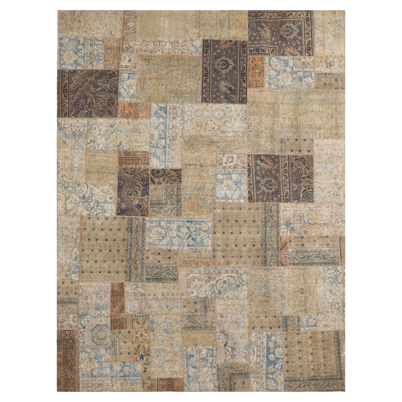 Tapis beige / bleu / brun en laine noué à la main à motif patchwork One-of-a-Kind