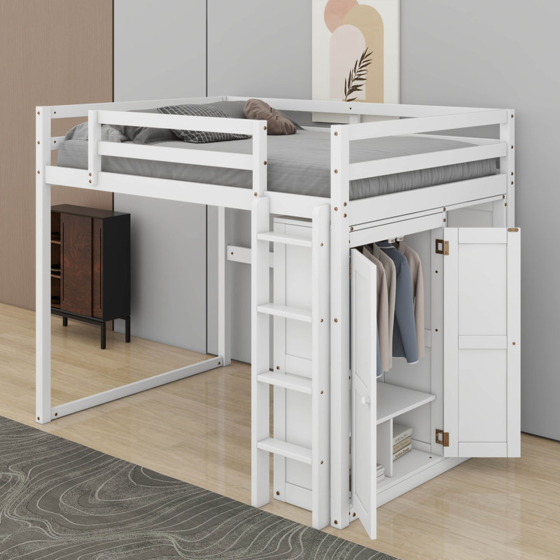 Lit mezzanine double avec garde-robe, tablettes et éclairage à DEL, Blanc