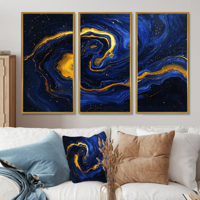 «Blue and Gold River of Marble Chaos», ensemble d'art mural abstrait en marbre
