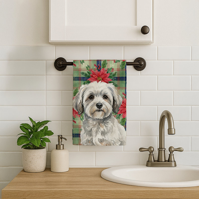 White with Gray Coton de Tulear Christmas PoinsettIas Kitchen Towel, White/Gray Coton de Tulear