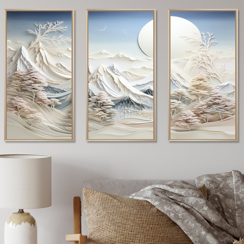 «Abstract Snowy Winter Mountains IV - Abstract Landscape», art mural, H 40 po x l 61 po x P 1 po, Cadre flottant brun