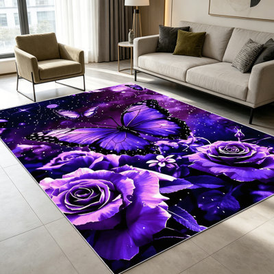 Tapis à motif floral 1 étoile mauve à motif de papillons roses pour salon, doux, toutes saisons, facile à entretenir, lavable, idéal pour la table à manger, le chevet de la chambre à coucher, le vestibule ...