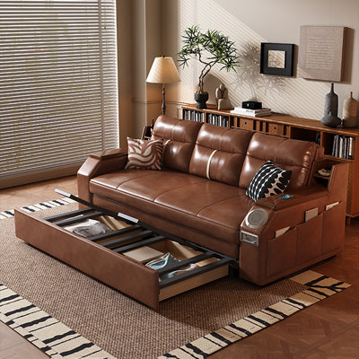 82.68"Brown Retro Oil Wax Leather Sofa Bed Can be connected to Bluetooth to play music