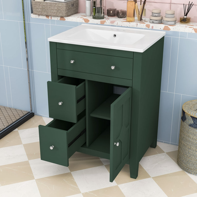 Meuble-lavabo en bois avec lavabo en céramique, 2 tiroirs et tablette réglable, Vert