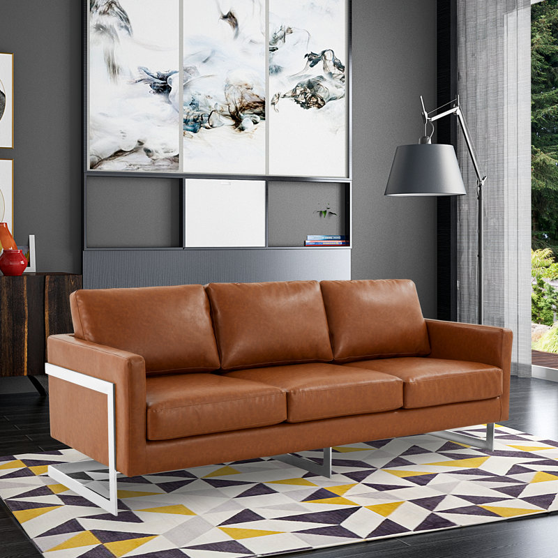 Canapé en cuir moderne Natahlia, Brun, Argent argent, Three-Seater Sofa