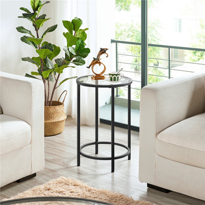 Round Side Table With Metal Frame,  Glass Top End Table