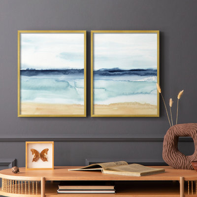 «Watercolor Ocean Horizon I», reproduction encadrée de qualité supérieure - prête à être accrochée - aucun clou requis - aucun clou requis
