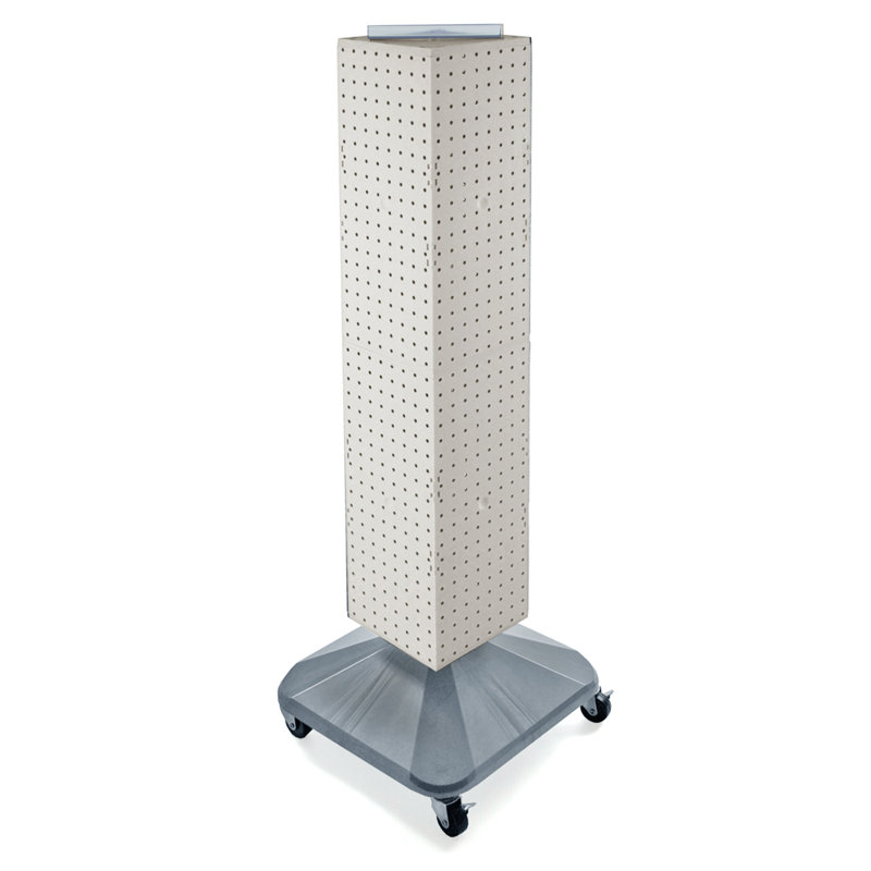 Présentoir à quatre côtés pour plancher perforé sur base pivotante. Tour Spinner Rack. Taille du panneau: l 8 po x H 40 po