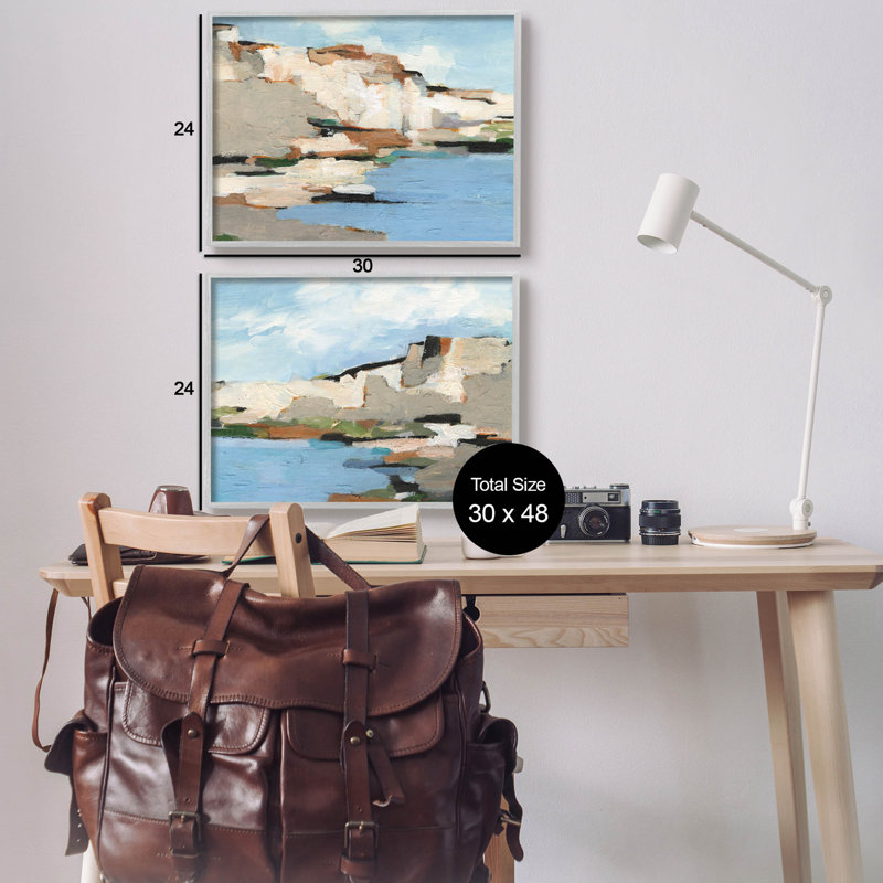 «Seaside Cliff Modern Landscape», ensemble de 2 giclées encadrées par Ethan Harper, H 24 po x l 30 po x P 1,5 po, gris