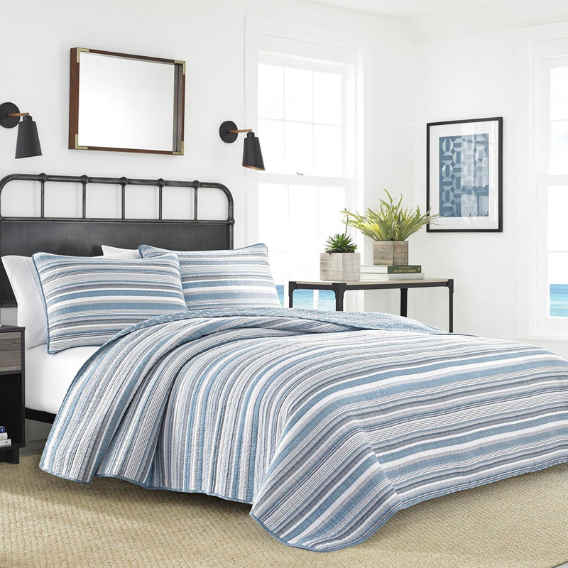 Ensemble de literie réversible 100% coton avec taies décoratives assorties, motif à rayures et ancres, ensemble de lit superposé léger toutes saisons, bleu Jettison
