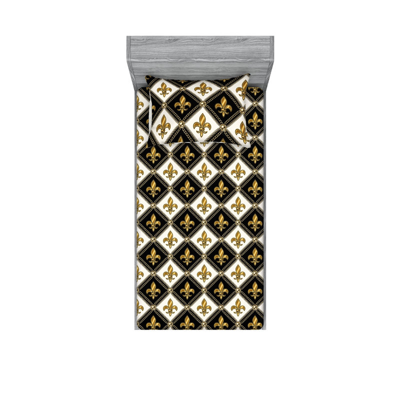 Drap-housse et taies décoratives 3 pièces Ambesonne, Noir et blanc / motif floral moutarde foncé