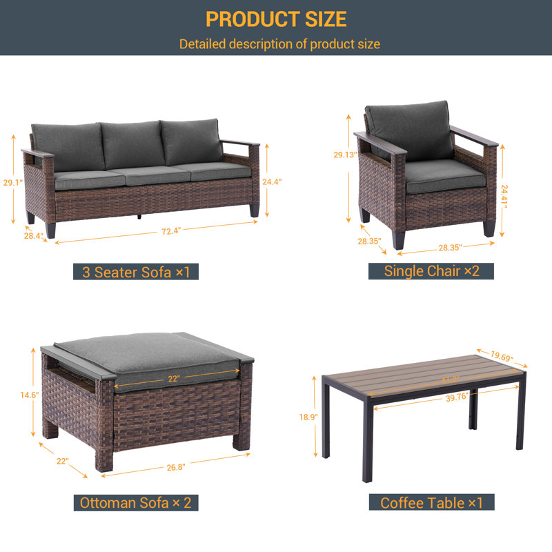 Ensemble de canapé de patio en rotin 6 pièces PE, ensemble de conversation pour meubles d'extérieur toutes saisons avec table basse et coussins amovibles, canapé modulaire robuste pour terrasse avec jardin et terrasse