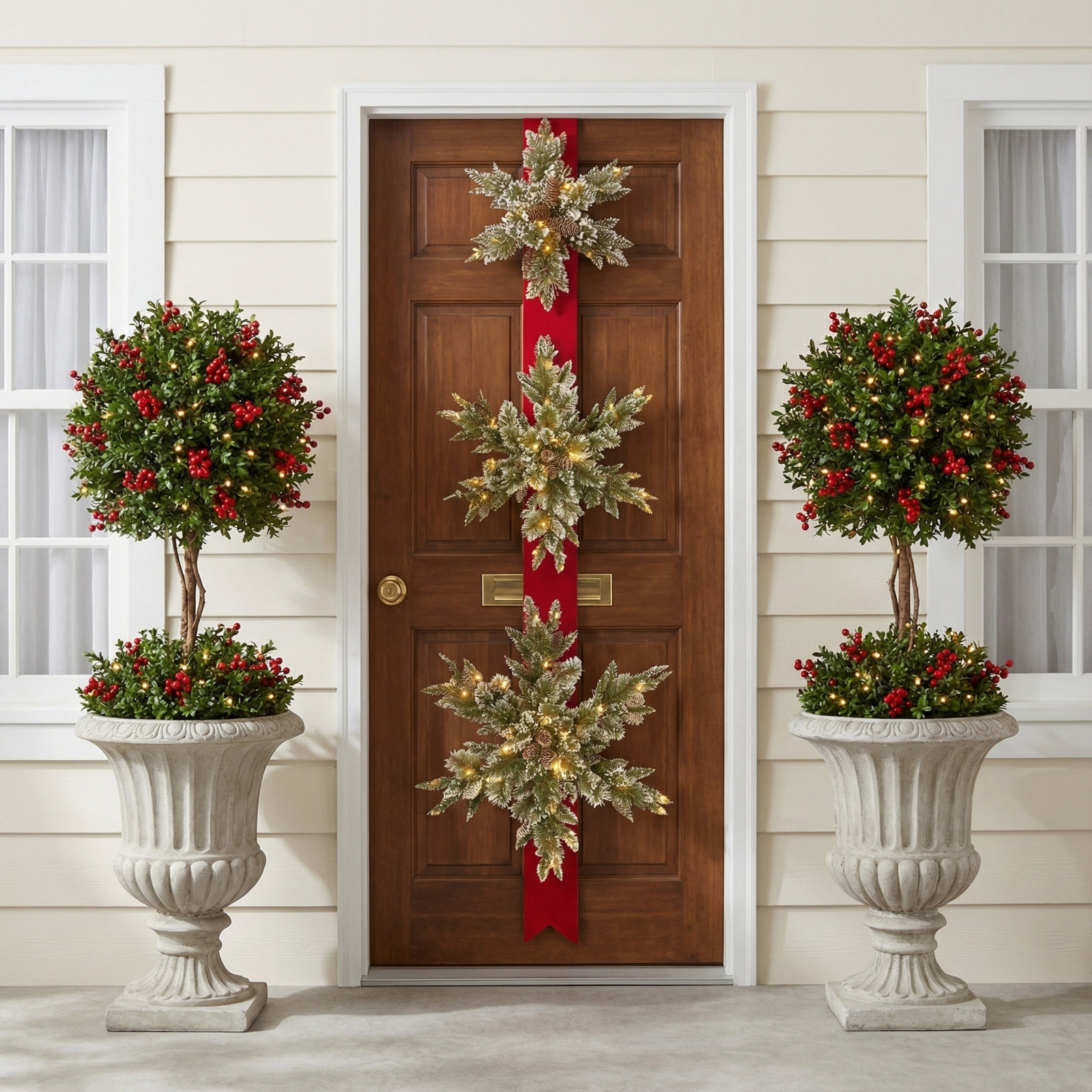 The Holiday Aisle® 77" Pre-Lit Glittery Bristle Pine Triple Snowflake Door Hang