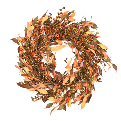 24" Artificial Farmhouse Fall Harvest Thanksgiving Day Foliage Leaves Blossom Cluster Berry Front Door Wreath