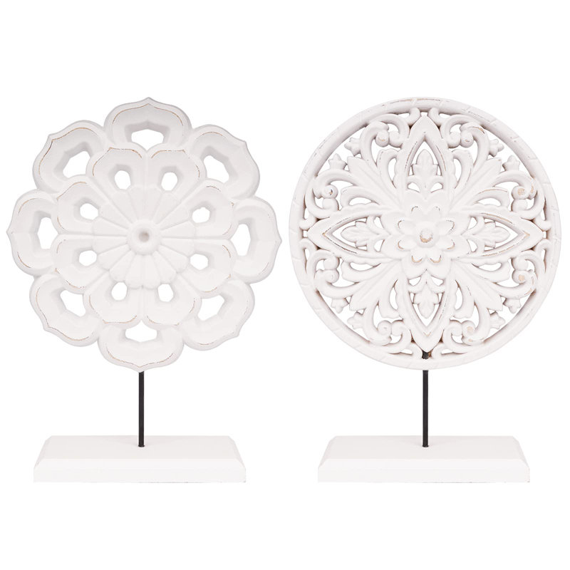 Rustic Distressed White Wooden Carved Flower Medallion Sculpture Set