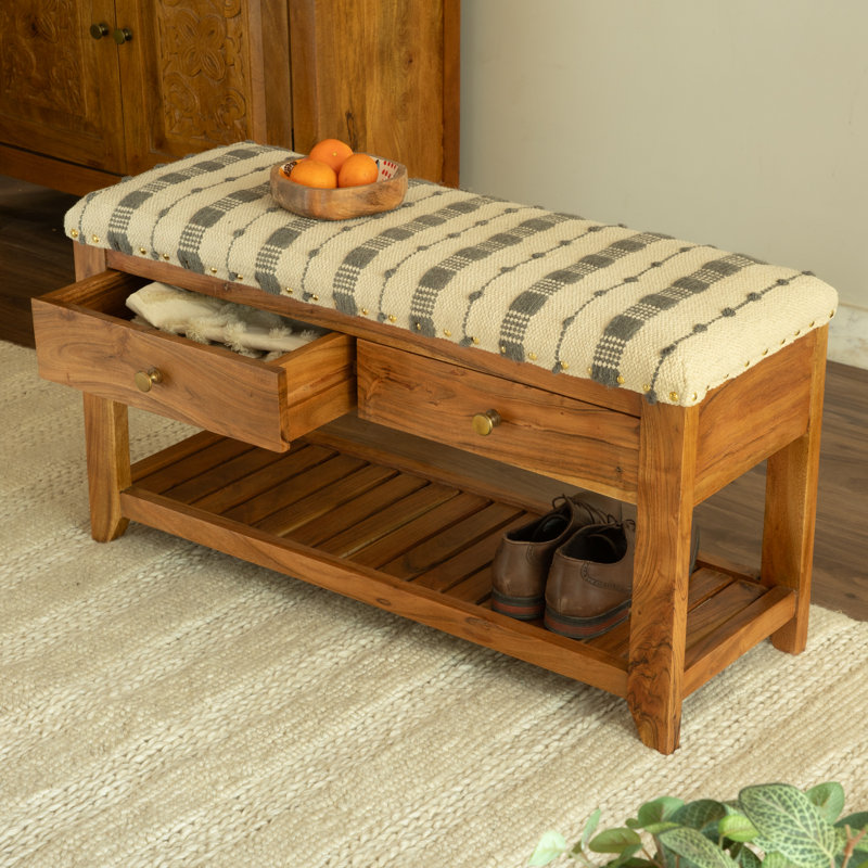 Banc de rangement rembourré en coton Avana, Gris / Ivoire
