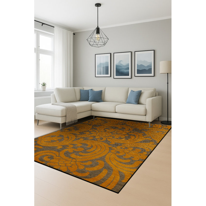 Tapis gris tissé à motif floral lavable Mosso, 6'7" x 9'10"