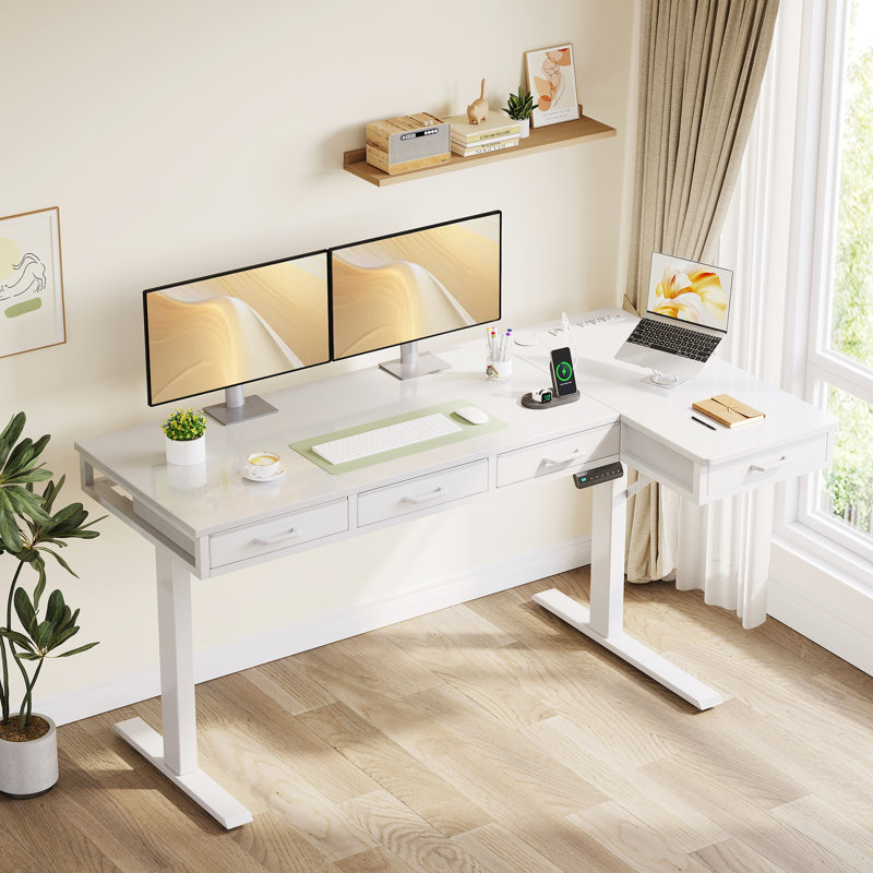 Bureau électrique debout avec 4 tiroirs sous le bureau, bureau réglable en hauteur avec prises de courant intégrées, bureau debout avec structure réversible, bureau personnel avec plateau caché pour la gestion des câbles