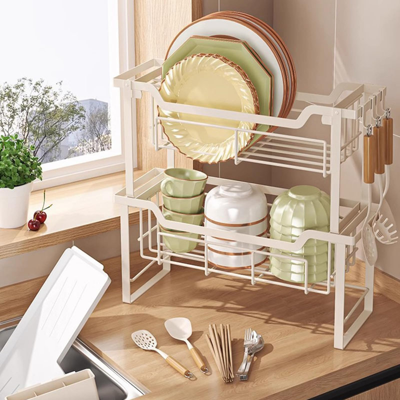 2-Tier Dish Drying Rack with Drainboard, Large Capacity Dish Racks for Kitchen Counter Shelf (White)