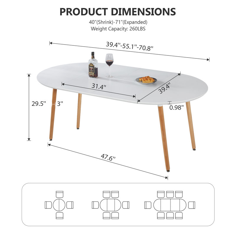 Table extensible, table à manger, table de bureau, table basse, Blanc, Naturel