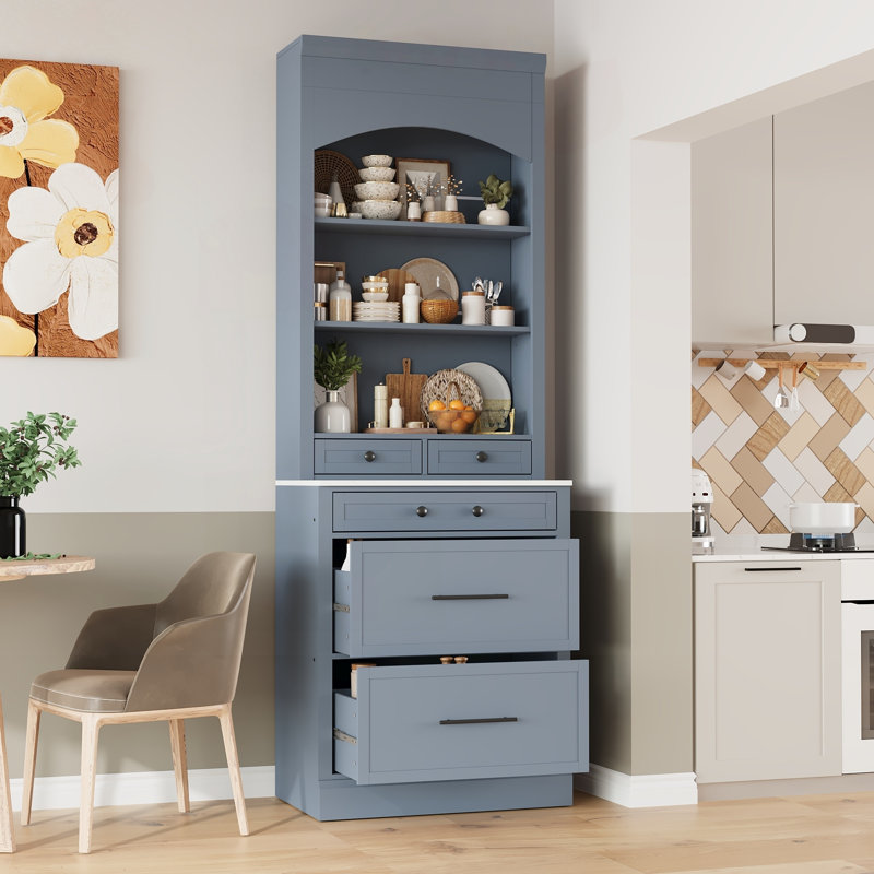 Garde-manger de 83,7 po de hauteur avec plateau en faux marbre et tiroirs, Gris, Black
