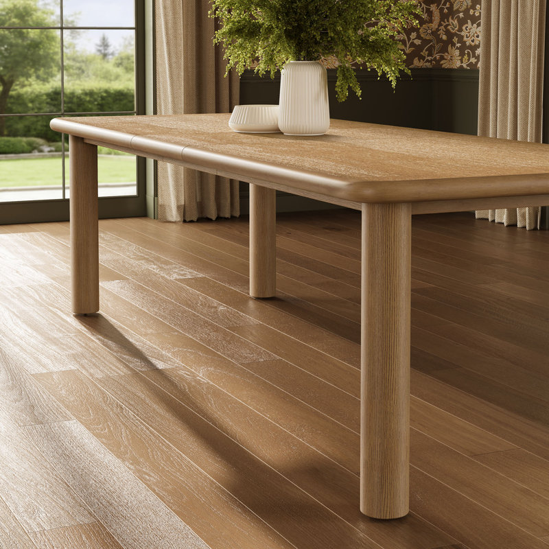 Robinett 86"–105" Extendable Rectangular Oak Wood Dining Table in Weathered Oak, Weathered Oak