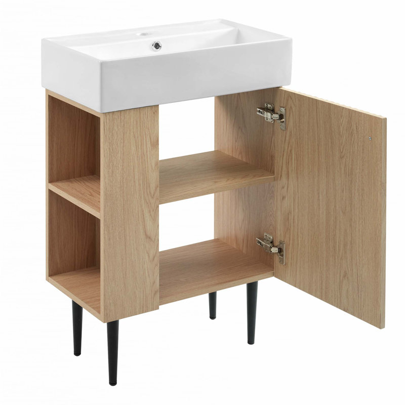 Meuble-lavabo 21,6 po avec lavabo simple en céramique, rangement à gauche, Bois
