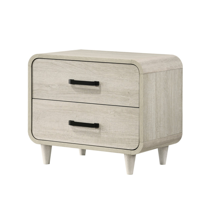 Table de chevet 2 tiroirs en bois massif de style contemporain, finition blanche, coins arrondis, guides centraux en métal, accessoire de chambre à coucher de 22 po de hauteur avec fabrication, complément de 26 po de largeur