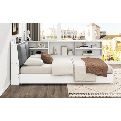 Full Size White Bed Frame With Storage Headboard, 2 Drawers, And Construction, Multiple Spaces Wood Shelves, Solid + , Structure