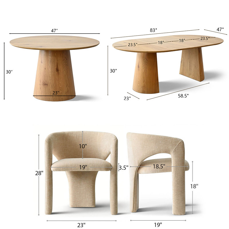 47"-83" Extendable Round To Oval Dining Table Set,Modern Pedestal Wood Dining Table With Upholstered Barrel Chairs, Brie 