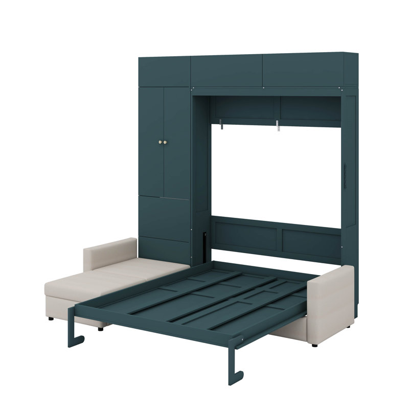 Grand lit escamotable avec canapé et tablettes, Green Panel/Beige Sofa