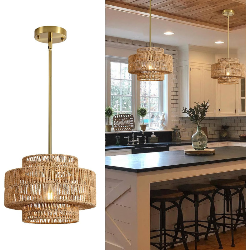12.4" Boho Rattan Chandelier, Handwoven Pendant Light Fixture With Adjustable Height, Gold-Plated Drum, E26 Socket, For Farmhouse, Kitchen, Bedroom, Dining Room, Living Room, Entryway