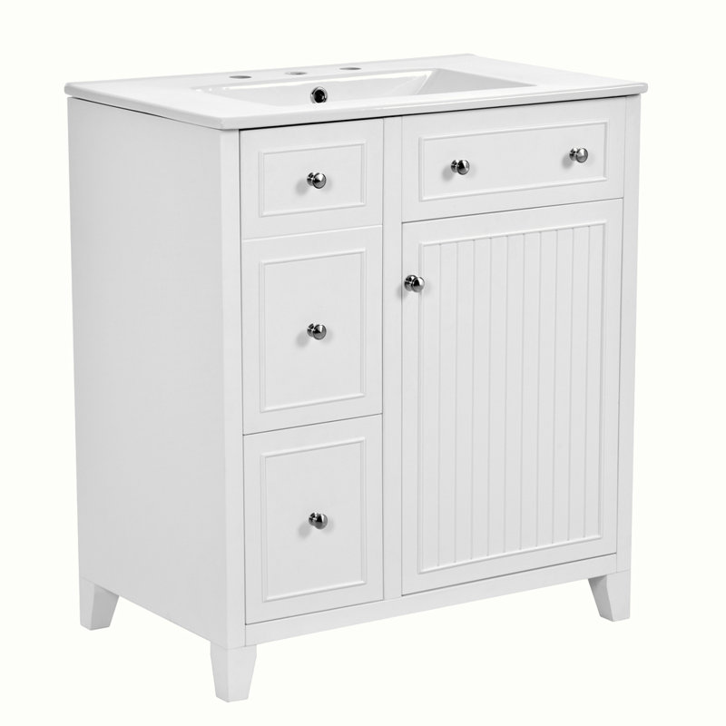 Meuble-lavabo de salle de bain avec lavabo en céramique et tiroir double couche, Blanc