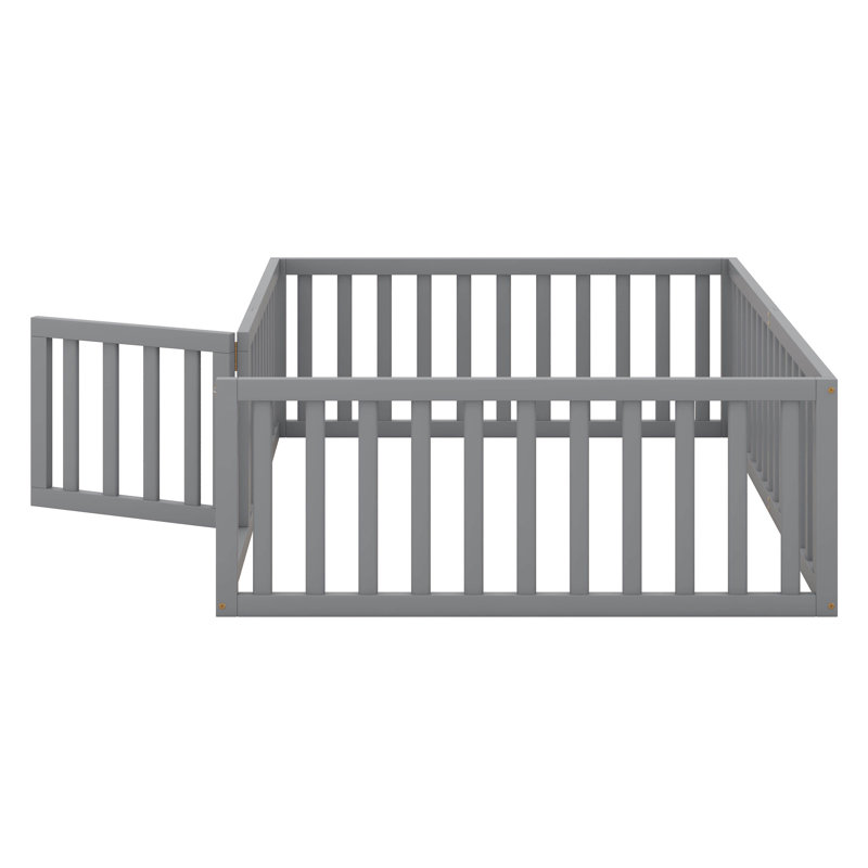 Full Size Platform Bed With Fence, Solid Wood Floor Bed Frame With Door, Elegant Design Daybed Frame, Gray