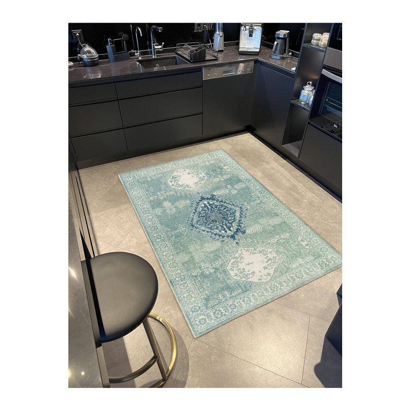 Tapis tissé lavable à la machine à motif d'étoiles turquoise