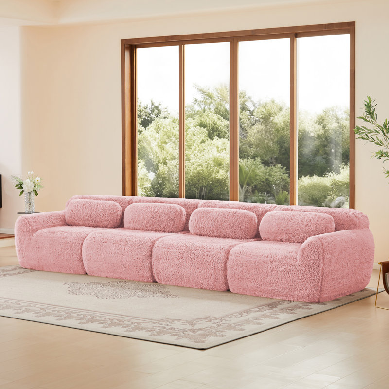 Tissu moelleux doux et moelleux de 149 po, canapé désossé, conception ergonomique en éponge haute densité 32D, emballage sous vide à compression complète, connexion à boucle libre pour chambre à coucher, bureau, cinéma maison, rose