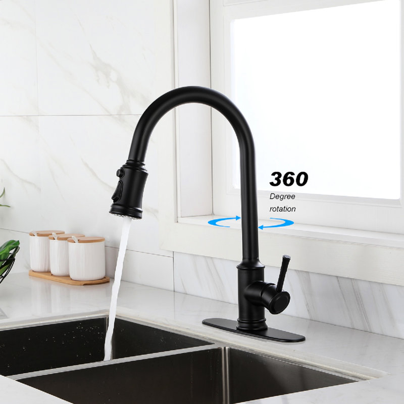 Matte Black Kitchen Faucet With Pull Out , Single Lever For Precise Water Temperature And Flow Management, 360 Rotating High Spout, Rust Surface, Aerators Stainless Steel Down Touch Function,