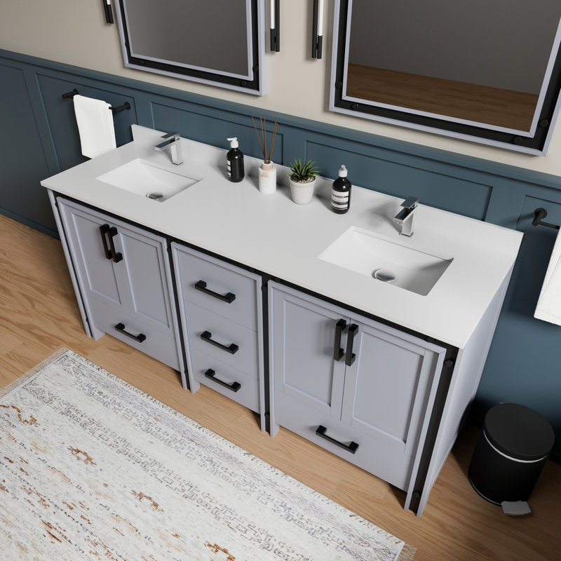 Meuble-lavabo double gris foncé de 72 po Doté d'un plateau en marbre et de miroirs - fermeture en douceur, teinture de grattage, compartiments de rangement abondants cultivés et capacité abondante