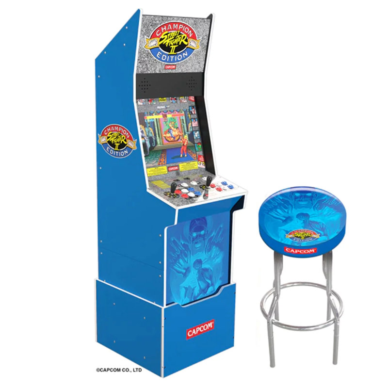 Street Fighter II Champion Edition Blue Arcade Machine with Riser and Stool