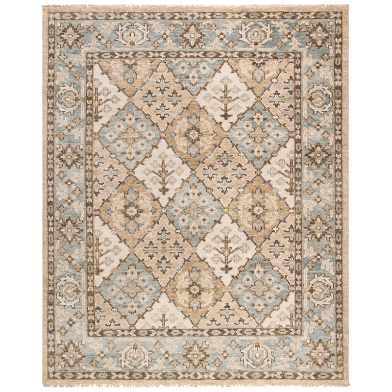 Hand-Knotted Beige and Blue Wool Rectangular Rug, 6' x 9'