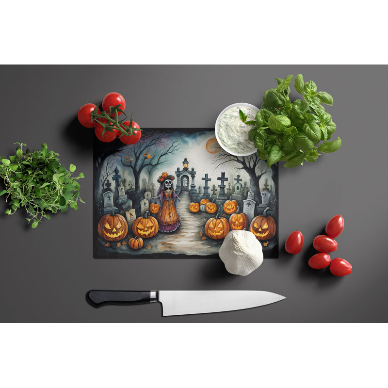 La Catrina Skeleton Spooky Halloween Glass Cutting Board Large