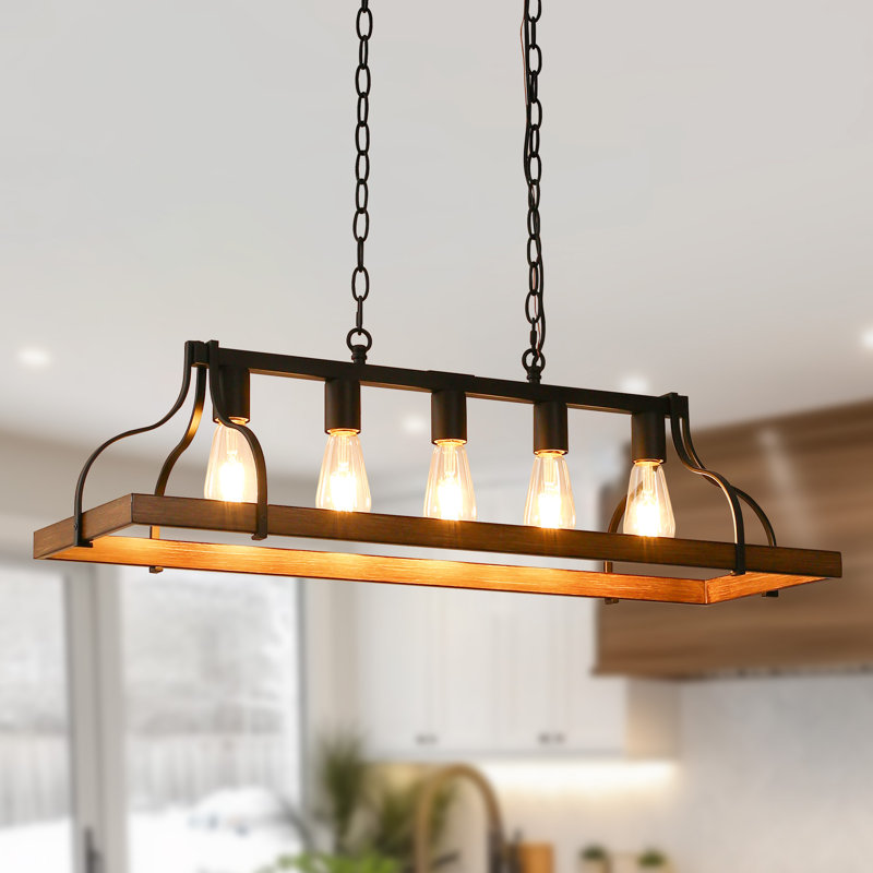 Rustic Kitchen Island Dining Room Light Fixture Farmhouse Linear Chandelier, Brown