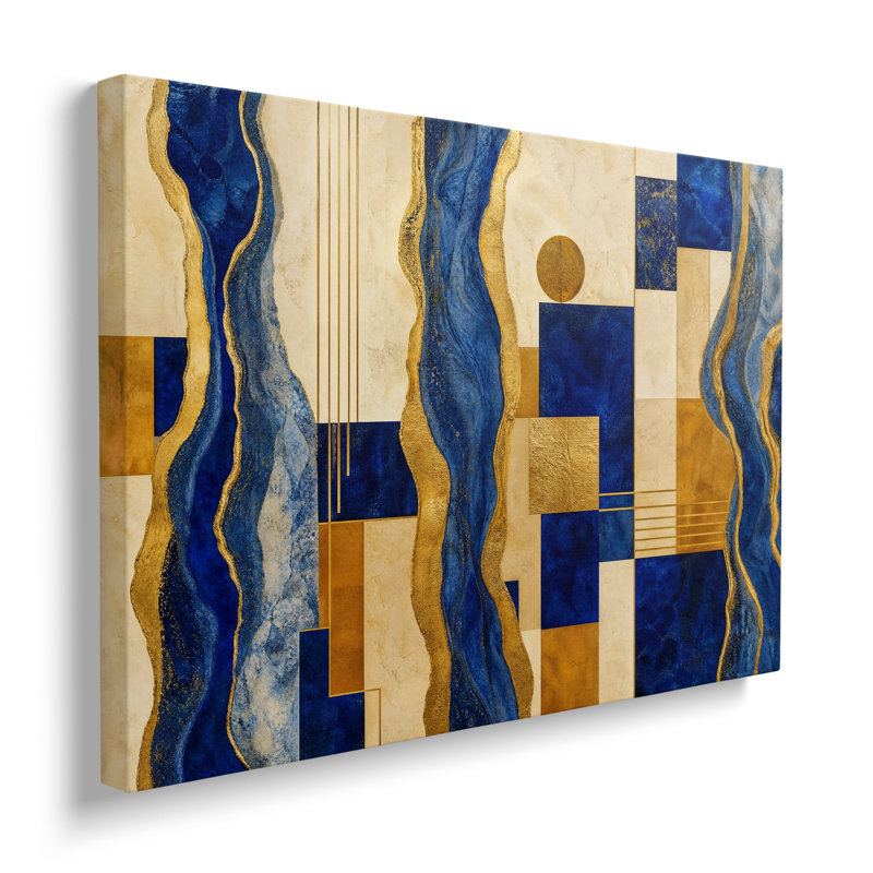 Impression sur toile d'une peinture abstraite géométrique fluide bleue et dorée - 20 x 30 pouces, H 20 po x l 30 po